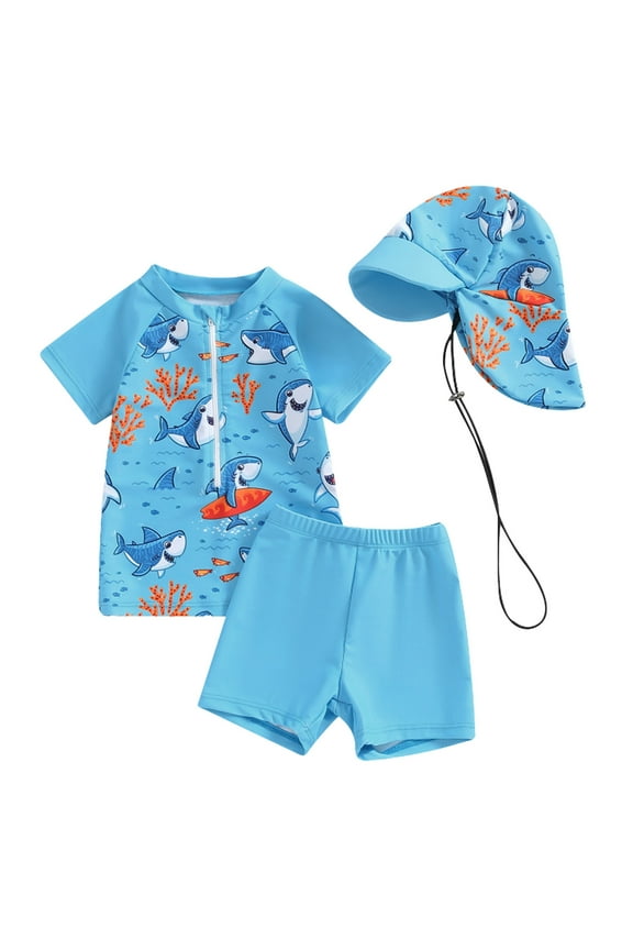 Toddler Swimsuit Boy Three Piece Set Summer Shark Print Short Sleeve Swim Shirt Swim Shorts Rash Guard for Kids Blue 2 Years-3 Years