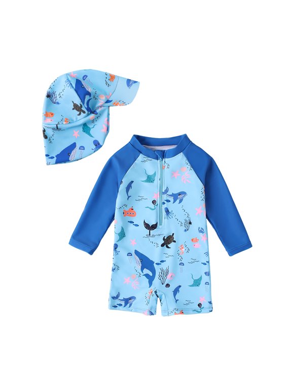 Baby Boy Rash Guard Swimsuit Set with Sun Hat, Long Sleeve One Piece Zipper Sunsuit for Infant Toddler 0-5T