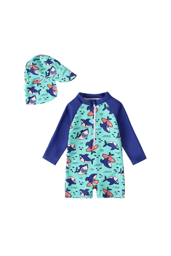 Baby Boy Rash Guard Swimsuit Set with Sun Hat, Long Sleeve One Piece Zipper Sunsuit for Infant Toddler 0-5T