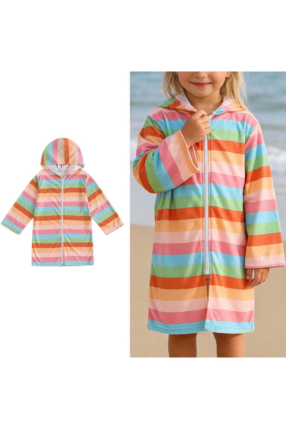 Toddler Swimsuit Cover Up for Girls Zip Up Hooded Striped Terry Cloth Beach Cover Up Towel Dress Girls Bathing Suit Size 2-3 Years