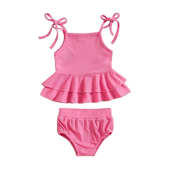 Toddler Swimsuit Girl 18-24 Months Sleeveless Solid Color Beach 2 Piece Durable Seaside Swimming Trendy Pink Swimwear Sizes 18-24 Months