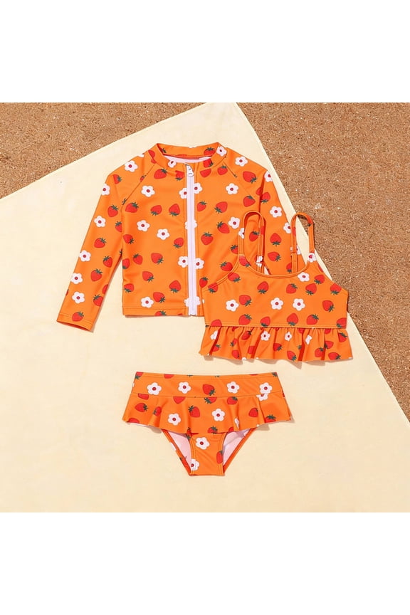 Toddler Swimsuit Girl 3 Piece Breathable Graphic Print Scoop Neck Sleeveless Spaghetti Straps Top Trunks And Sun Guard Jacket for Beach Baby Girl Bathing Suit Orange 5 Years-6 Years