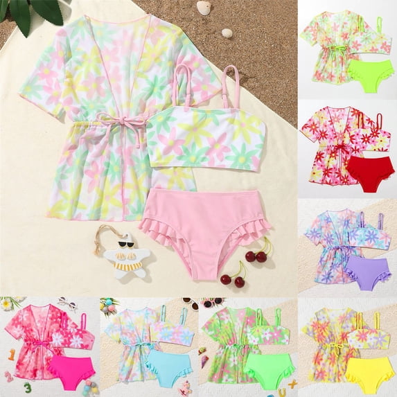 Toddler Swimsuit Girl 3 Piece Set with Floral Cover Up Cute Cartoon Print Bikini Toddler Girl Bathing Suit Yellow 9-12 Months