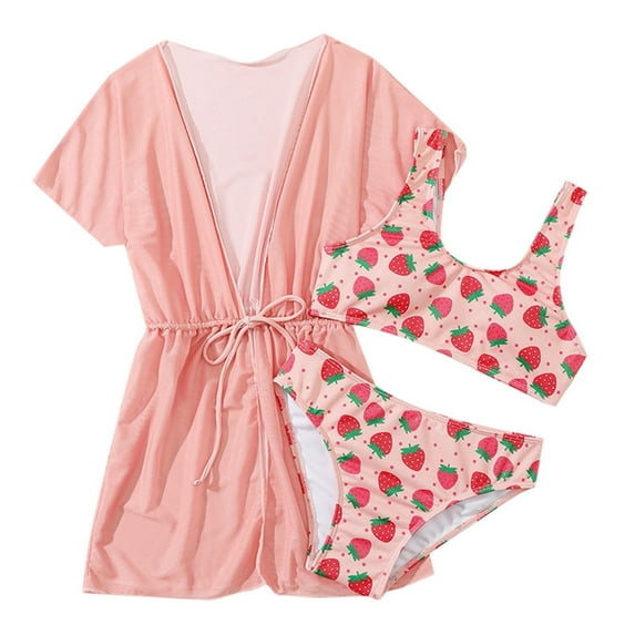 Toddler Swimsuit Girl 3 Piece Strawberry Print Cute Bikini With Cover Up Summer Kids Bathing Suit Size 11-12 Years