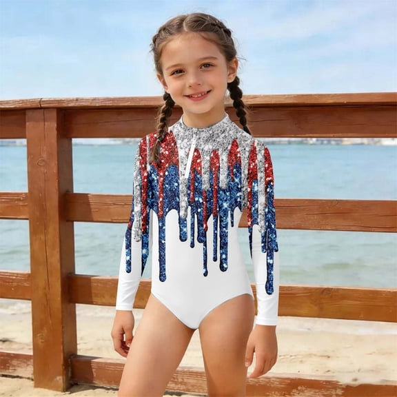 Toddler Swimsuit Girl Beachwear Girls Patriotic Print Front Zipper Full Coverage Swimsuit Lightweight Sun Safe Modest Outfit for Kids Seaside Vacation Swimming Trips Multicolour 110