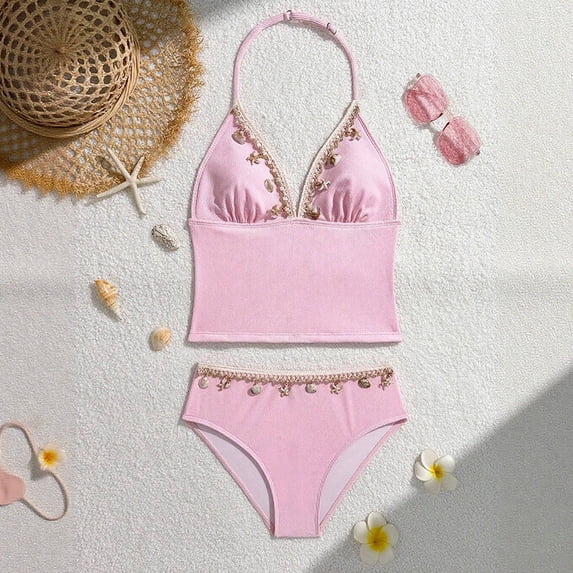 Toddler Swimsuit Girl Kids Two Piece Bikini with Metallic Halter Tie Style Bathing Suits for Girls Size 14-15Y