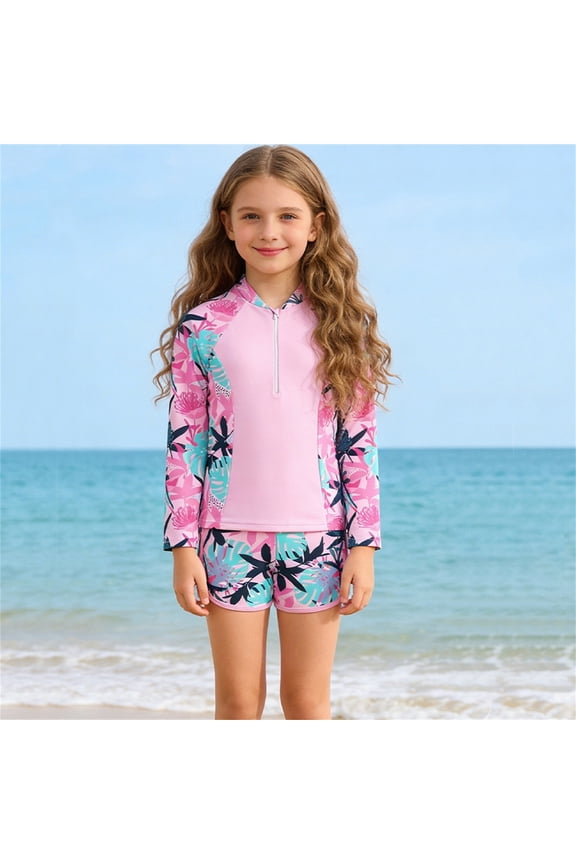 Toddler Swimsuit Girl Kids Two Piece Rashguard Set Hawaiian Print Long Sleeve Surf Style Upf Sun Protection for Snorkeling Bathing Suits for Girls