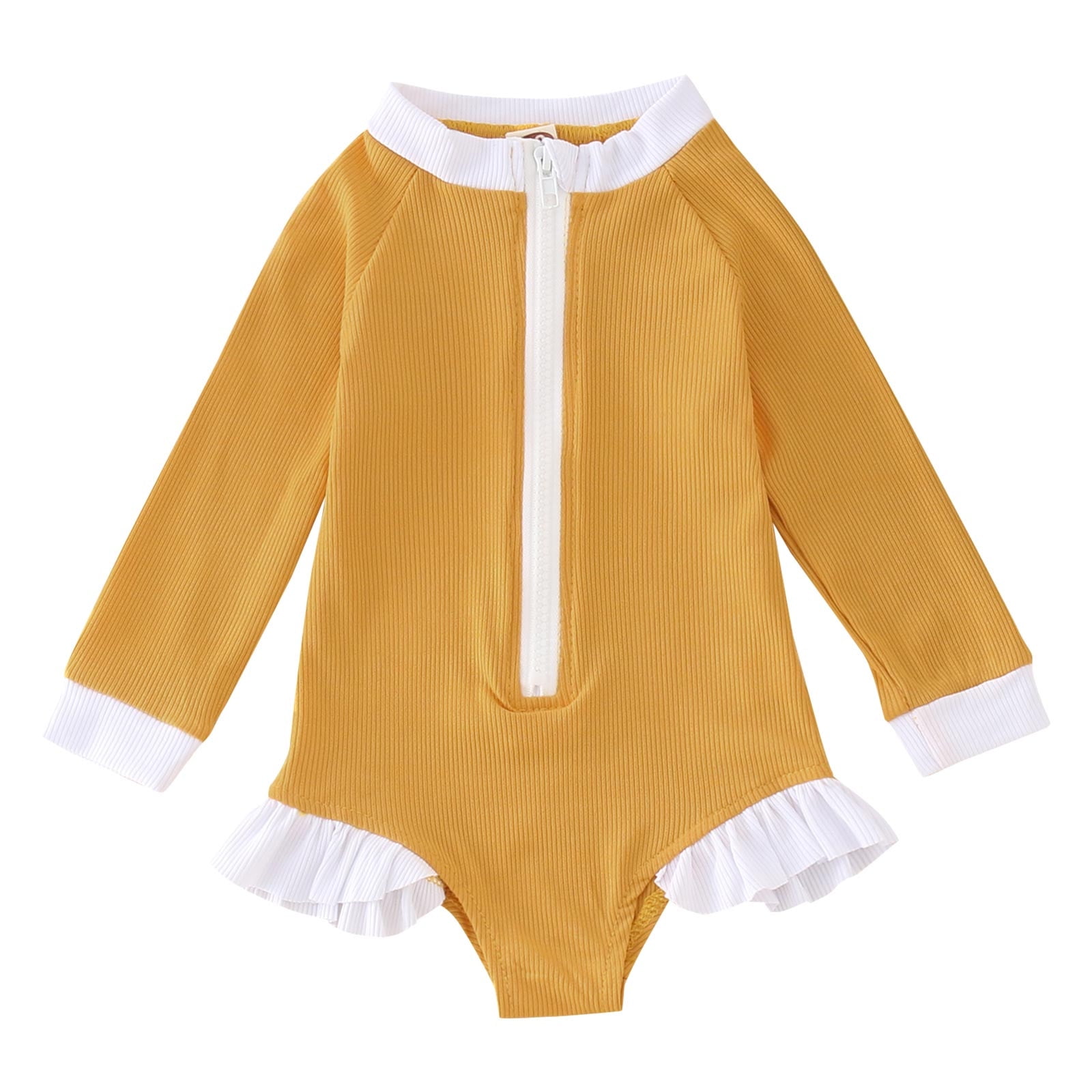 Toddler Swimsuit Girl Long Sleeve Solid Color Ruffles One Piece Yellow