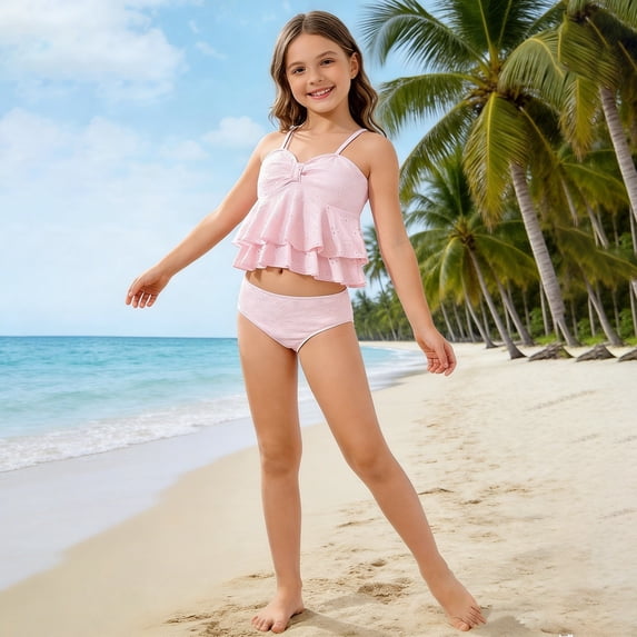 Toddler Swimsuit Girl Ruffle Floral Tankini and High Waist Bikini Bottom 2 Piece Set Bathing Suits for Girls White 10-11 Years