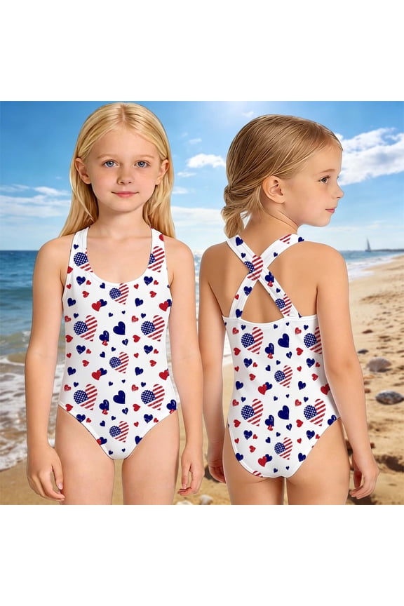 Toddler Swimsuit Girl Size 11-12Y Independence Day Print Youth Back Opening Summer One Piece Swimsuit Toddler Bathing Suit Girl