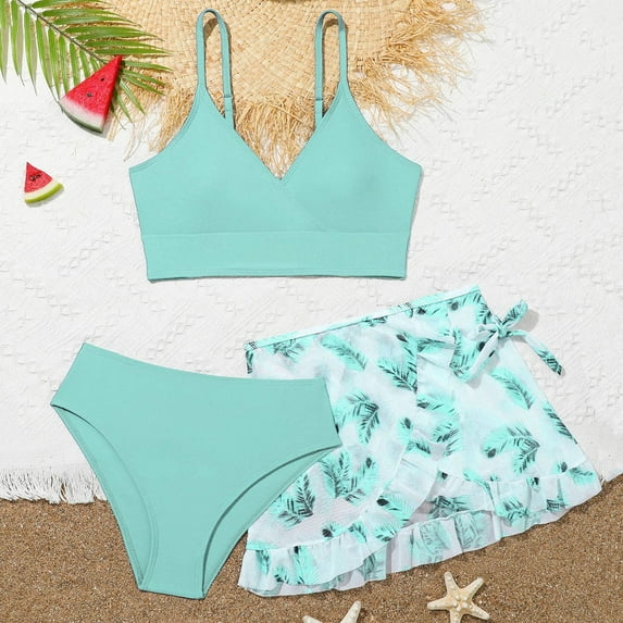 Toddler Swimsuit Girl Toddler Girl's Solid Color Ruffle Three Piece Bikini Set Girls Bathing Suits Mint Green 16-17 Years