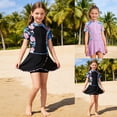 thumbnail image 1 of Toddler Swimsuit Girl Tropical Foliage Kids Short Sleeve Sun One Piece Swimsuit with Swim Skirt Bathing Suits for Girls Black 9-10Y, 1 of 9
