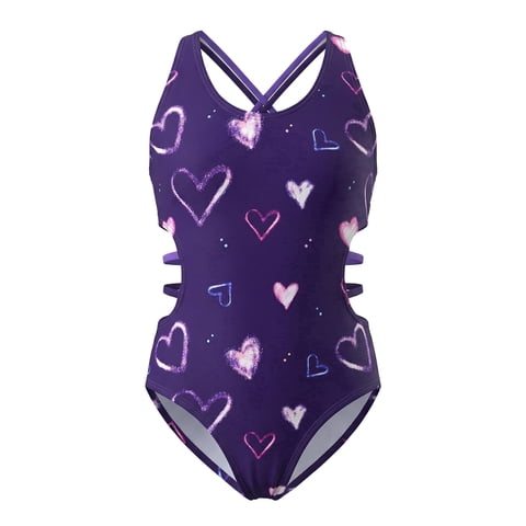 Girls One Piece Swimsuits Girls Bathing Suits Size 7-8 Cute Heart Pattern Dark Purple