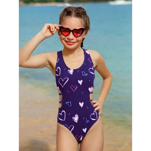 Girls One Piece Swimsuits Girls Bathing Suits Size 7-8 Cute Heart Pattern Dark Purple