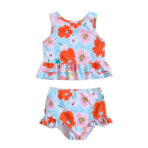 Toddler Swimsuit Kids Baby Girls Summer Flower Printed Ruffles Swimwear Swimsuit Two Piece Set Toddler Girl Bathing Suit Blue 18 Months-24 Months
