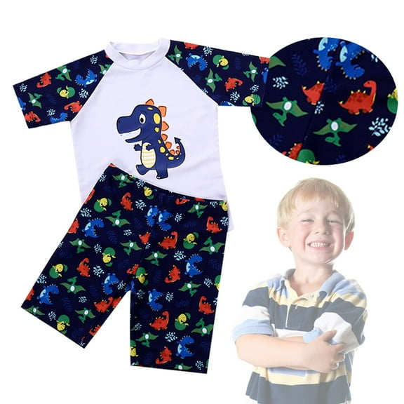 Toddler Swimwear 3 Piece Set Cartoon Print Baby Dinosaur Oversized Separate Short Sleeved Shorts With Hat Blue 2 Y-3 Y