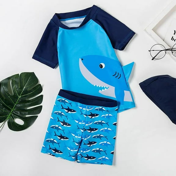 Toddler Swimwear 3 Piece Set Separates Cute Shark Print Short Sleeved Quick Dry Top Sun Protection Swim Shorts Blue 3 Y-4 Y