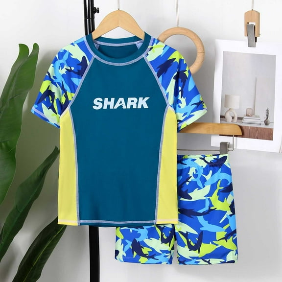 Toddler Swimwear Shark Short Sleeved Swimsuit & Shorts Set Sun Protection & Quick Dry Blue 10 Y-11 Y