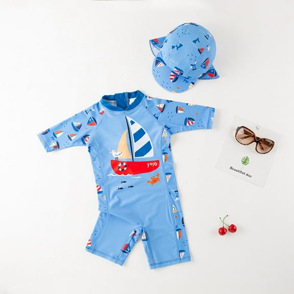 Toddler Swimwear With Sailing Print Pattern One Piece Swimsuit & Long Sleeved Shorts 2 Piece Set Sky Blue 18 M-24 M
