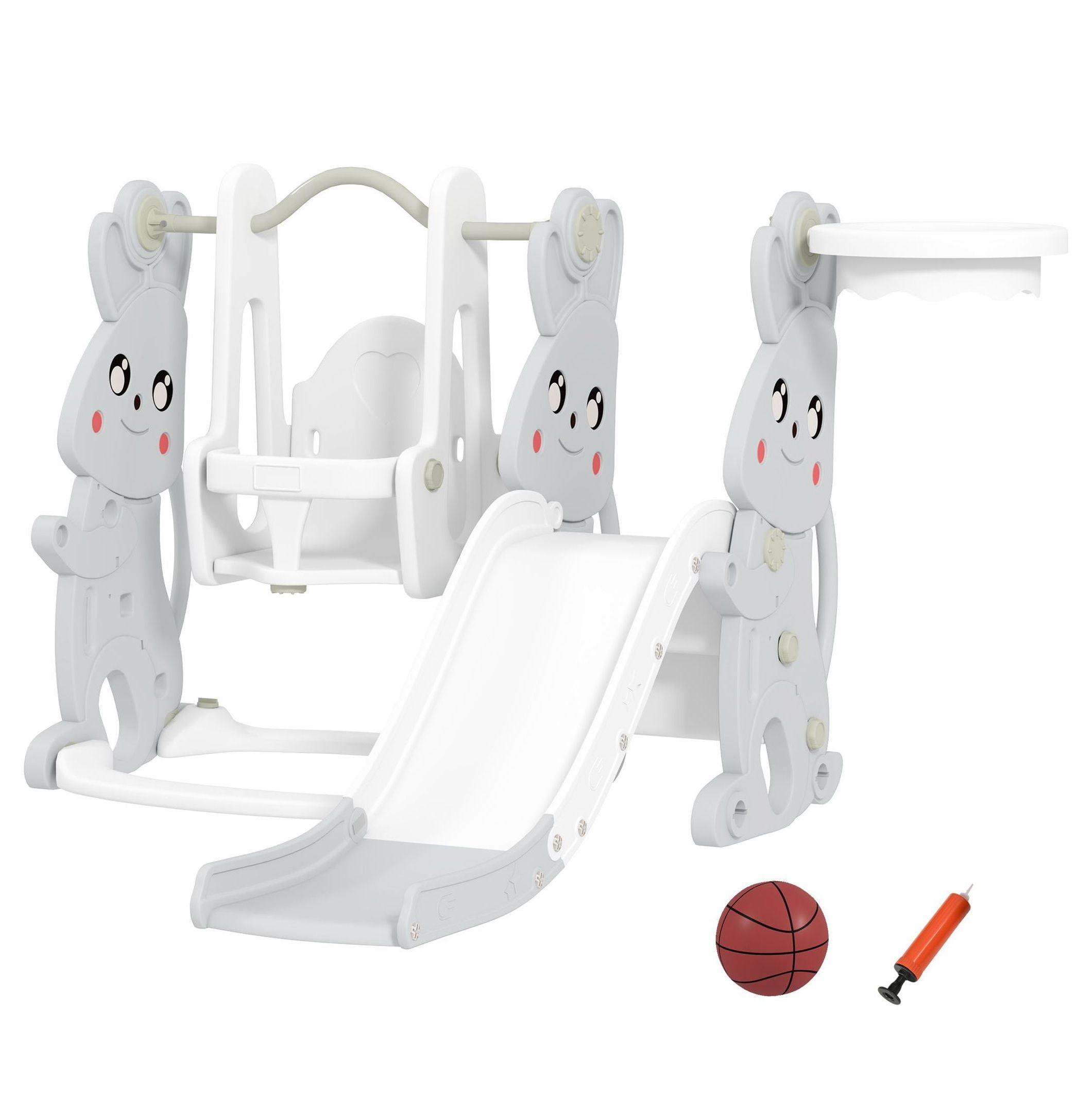 Toddler Swing Set 4-in-1, Slide & Climber for 1.5-4 Year Olds - Rabbit Themed Playset, Basketball Hoop, Indoor Outdoor Gray