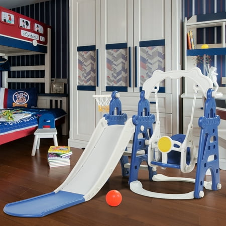 Toddler Swing and Slide Play Set, 3 In 1 Kid Toddler Outdoor Playset, Kids Play Climber Slide Playset with Basketball Hoop, Toddler Swing Set Outdoor Toys for Indoor Backyard, Blue+Gray