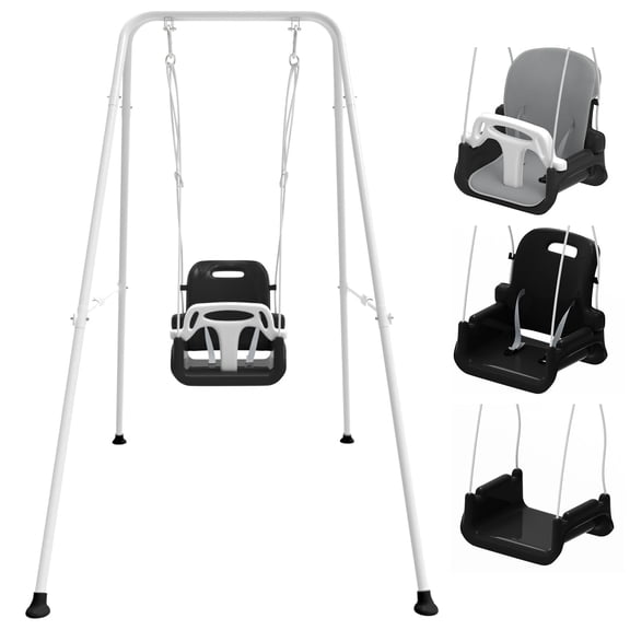 Toddler Swing with Soft Cushion, Foldable Swing Sets for Backyard, Easy to Install, Adjustable Baby Swing Outdoor for 0~10 Years, Black