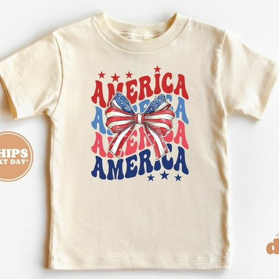 Toddler T-Shirt - America With Flag Bow 4Th Of July Memorial Day Kids Tshirt - Retro TODDLER SHORT SLEEVE TEE BELLA CANVAS 3001T