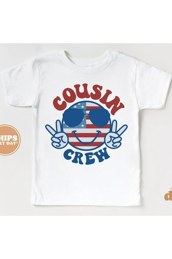 Toddler T-Shirt - Cousin Crew Happy Face 4Th Of July Memorial Day Kids Tshirt - Retro TODDLER SHORT SLEEVE TEE BELLA CANVAS 3001T