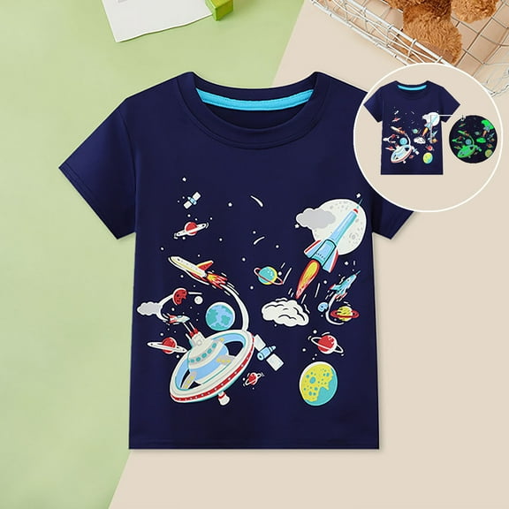 Toddler Shirts Funny Space Rocketship Print Casual Summer T Shirts Kids Graphic Tees for Boys 3-4 Years