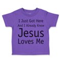 thumbnail image 1 of Toddler T-Shirt Just Got Here and Know Jesus Loves Me Christian Jesus God Boy & Girl Clothes Cotton Funny Tee Purple 18 Months, 1 of 5
