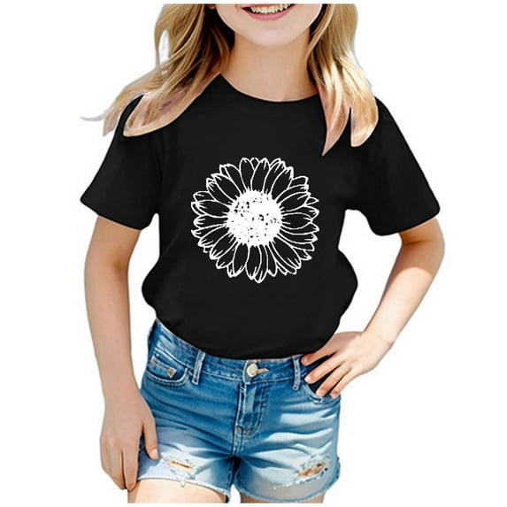 Toddler T Shirts Girls 5t Letter Print Casual Daily Girls' Short-Sleeve Shirts and Tops Round Neck Back To School Shirt Shirts for Teen Kids 7-8 Years(Black)