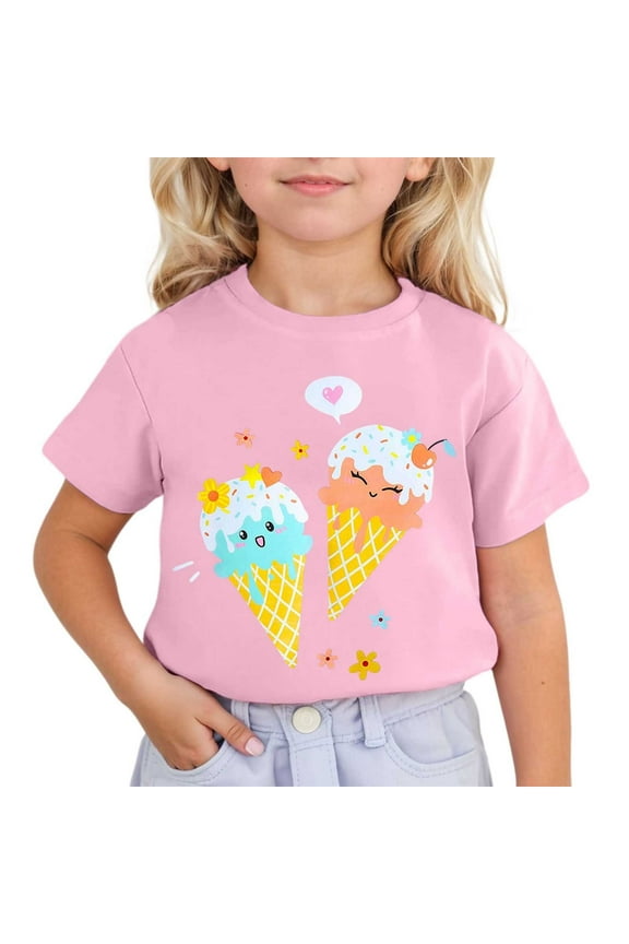 Toddler T Shirts Kids Summer Cute Ice Cream Prints Short Sleeved Round Neck T Shirt Toddler Casual Breathable Tops Boys T Shirts Pink 5 Years-6 Years