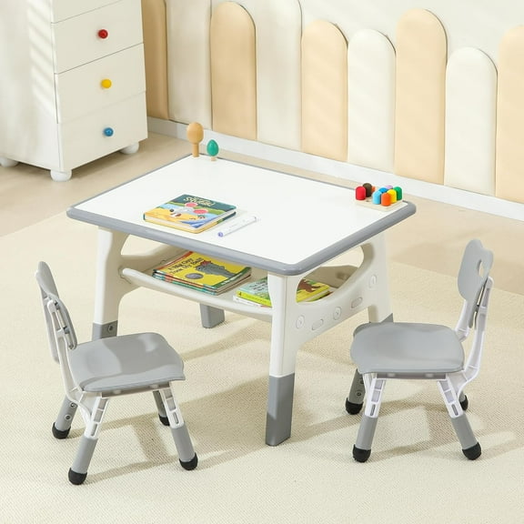 Toddler Table and 2 Chairs, Height Adjustable Kids Table and Chair Set, Kids Multi-Activity Table with Graffiti Desktop, Built-in Storage, Kids Table for Ages 3-8