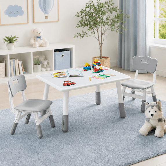 Toddler Table and 2 Chairs Set, Height Adjustable Kids Table and Chair Set, 31.5''L x 23.6''W, Marble Pattern & Graffiti Desktop, Children Multi-Activity Table for Home/Daycare/Classroom
