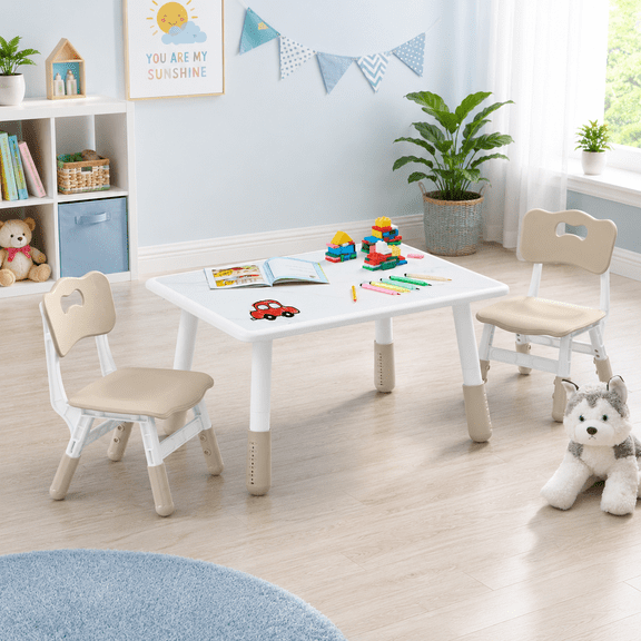 Toddler Table and 2 Chairs Set, Height Adjustable Kids Table and Chair Set, 31.5''L x 23.6''W, Marble Pattern & Graffiti Desktop, Children Multi-Activity Table for Home/Daycare/Classroom