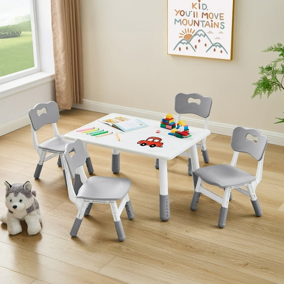 Toddler Table and 4 Chairs Set, Height Adjustable Kids Table and Chair Set, 31.5''L x 23.6''W, Marble Pattern & Graffiti Desktop, Children Multi-Activity Table for Home/Daycare/Classroom