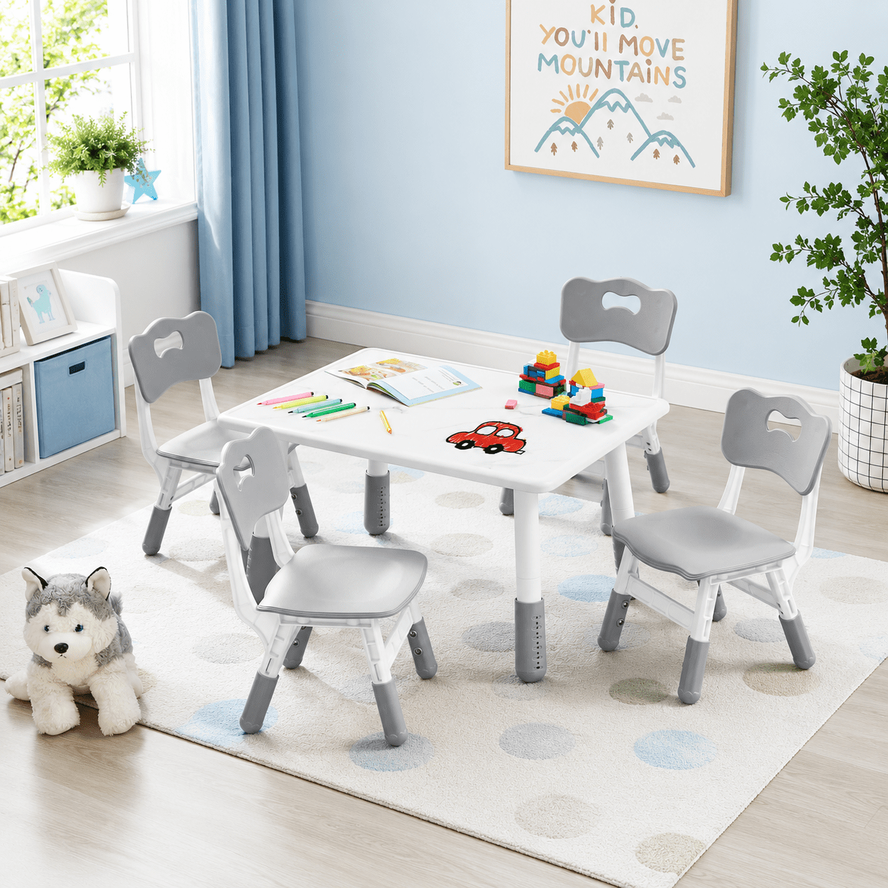Toddler Table and 4 Chairs Set, Height Adjustable Kids Table and Chair Set, 31.5''L x 23.6''W, Marble Pattern & Graffiti Desktop, Children Multi-Activity Table for Home/Daycare/Classroom