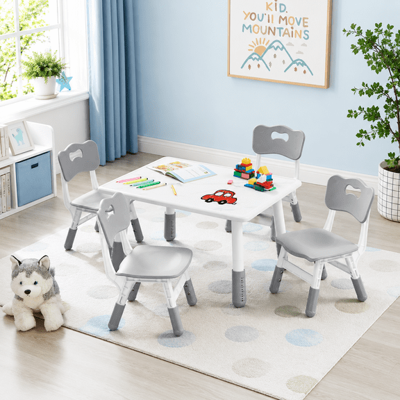 Toddler Table and 4 Chairs Set, Height Adjustable Kids Table and Chair Set, 31.5''L x 23.6''W, Marble Pattern & Graffiti Desktop, Children Multi-Activity Table for Home/Daycare/Classroom