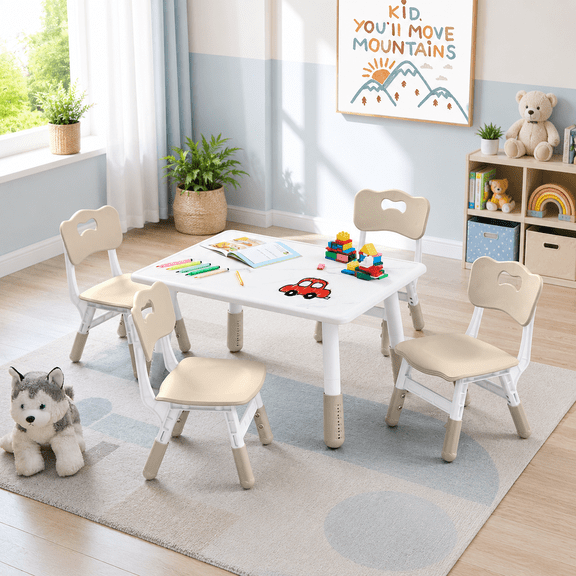 Toddler Table and 4 Chairs Set, Height Adjustable Kids Table and Chair Set, 31.5''L x 23.6''W, Marble Pattern & Graffiti Desktop, Children Multi-Activity Table for Home/Daycare/Classroom