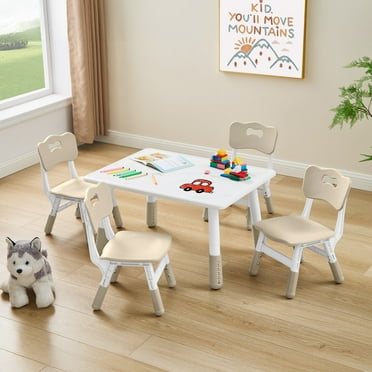 Toddler Table and 4 Chairs Set, Height Adjustable Kids Table and Chair Set, 31.5''L x 23.6''W, Marble Pattern & Graffiti Desktop, Children Multi-Activity Table for Home/Daycare/Classroom