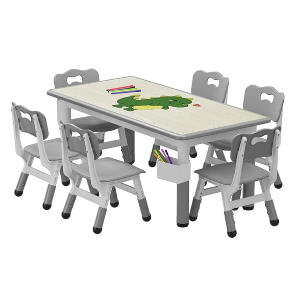 Toddler Table and Chair Set, Height Adjustable Table and Chair Set of 7, 47.2''L x 23.6''W Multifunctional Toddler Table for Reading,Graffiti Desktop,Drawing, Eating, for Ages Over 4