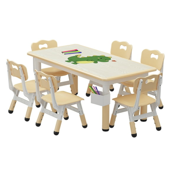 Toddler Table and Chair Set, Height Adjustable Table and Chair Set of 7, 47.2''L x 23.6''W Multifunctional Toddler Table for Reading,Graffiti Desktop,Drawing, Eating, for Ages Over 4