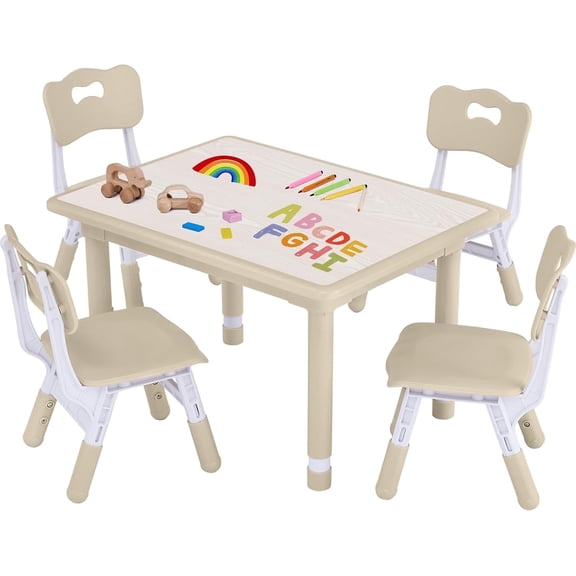 Toddler Table and Chair Set, Height Adjustable-Upgrade Kids Table and 4 Chairs for Ages 3-8, Multi-Activity Toddler Play Table with Graffiti Desktop for Home/Daycare (4Chairs Natural)