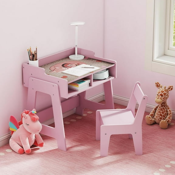 Toddler Table and Chair Set, Wooden Kids Desk and Chair Set, Pink Study Table and Chair Set for Girls, Kids Acitvity Table with Storage for Ages3-8, Toddler Desk and Chair for Bedroom/Nursery