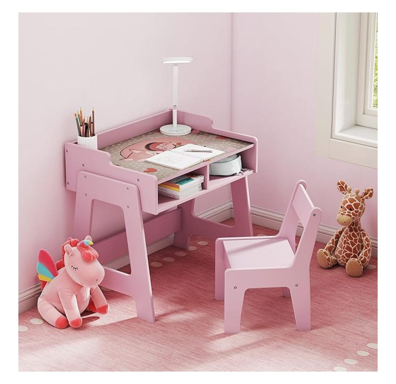 Toddler Table and Chair Set, Wooden Kids Desk and Chair Set, Pink Study Table and Chair Set for Girls, Kids Acitvity Table with Storage for Ages3-8, Toddler Desk and Chair for Bedroom/