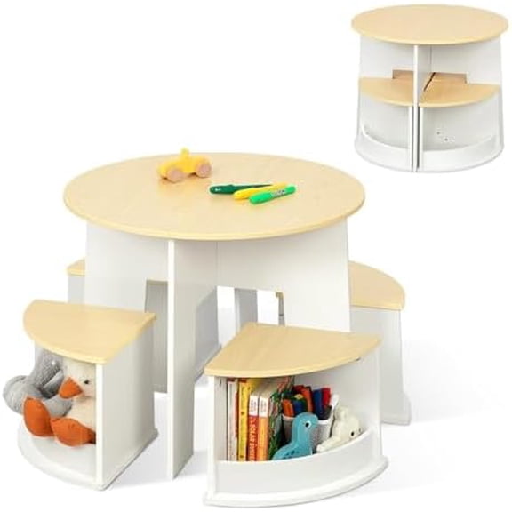 Toddler Table and Chair Set, Wooden Round Table with 4 Storage Stools, Kids Tables and Chairs for Crafts, Reading and Play$$Home Decor, Kitchen, & Other