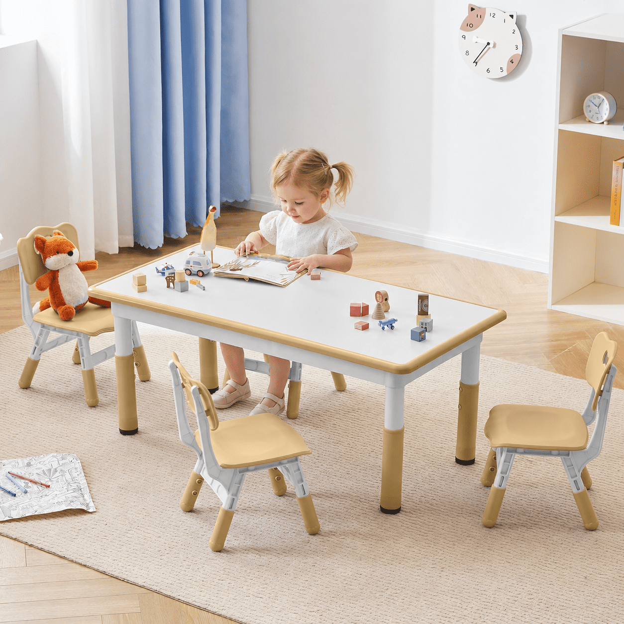 Toddler Table and Chairs Set for 4, 47.2''L x 23.6''W Kids Study Table and Chair Set, Height-Adjustable, Graffiti Desktop, Children Activity Table for Daycare, Classroom, Home
