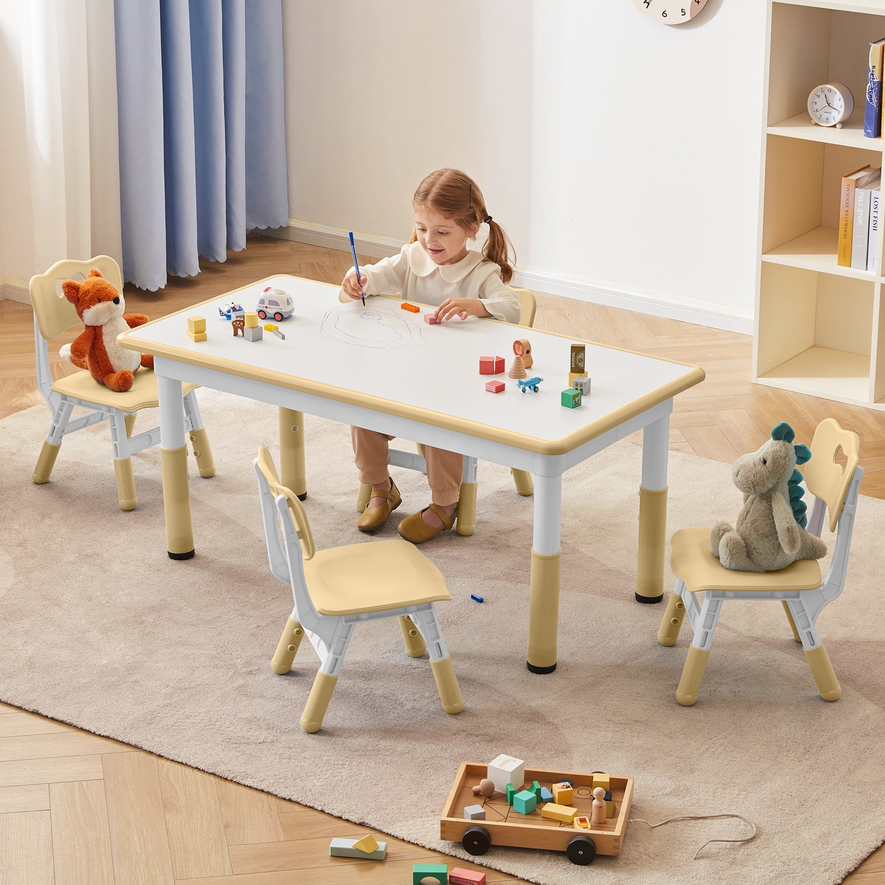Toddler Table and Chairs Set for 4, 47.2''L x 23.6''W Kids Study Table ...