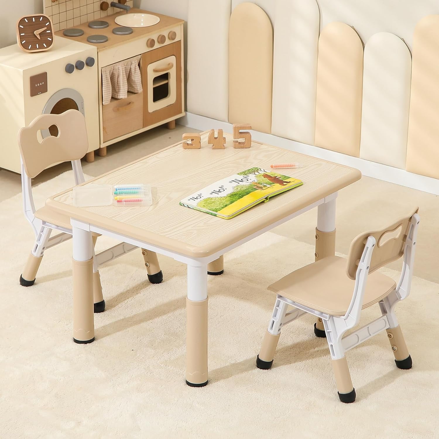 Toddler Table and 2 Chairs, Height-Adjustable Kids Table and Chairs Set, 31.5''L x 23.6''W Children Activity Table for Boys and Girls Aged 3-8