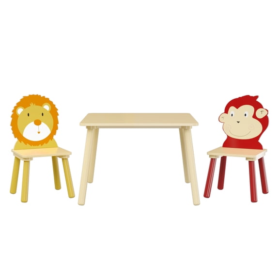 Toddler Table and 2 Chairs Set, 3Pcs Cartoon Lion & Monkey Design Solid Wood & MDF Children Activity Furniture for Ages 3-8 Playroom Nursery